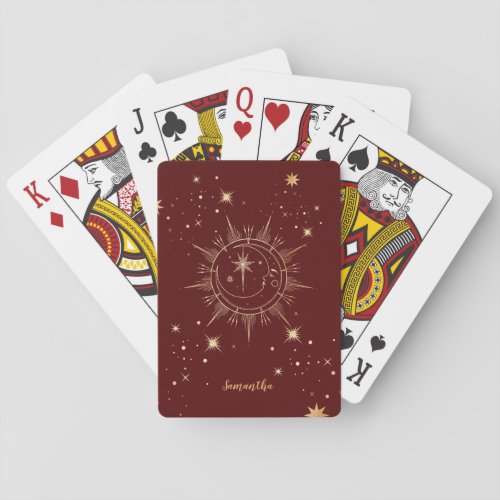 Celestial Red and Faux Gold Moon Sun Stars Name Poker Cards