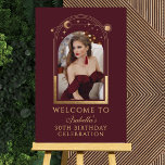 Celestial Red Gold 30th Birthday Welcome Foam Board<br><div class="desc">Celestial Red Gold 30th Birthday Welcome Foam Board features an elegant gold sun, moon and stars frame on a deep pink-red background. Inside is your favorite photo and below your birthday welcome sign information. Personalize by editing the text in the text boxes and adding your favorite photo. Designed for you...</div>