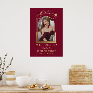 Celestial Red Gold 30th Birthday Welcome Poster