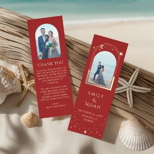 Celestial Red Gold Photo Wedding Thank You Bookmarks
