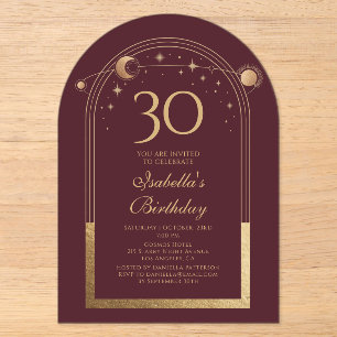 Celestial Red Gold Sun Moon Stars 30th Birthday Acrylic Invitations