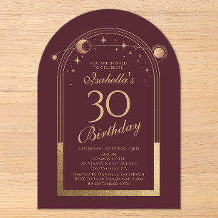 Celestial Red Gold Sun Moon Stars 30th Birthday Acrylic Invitations