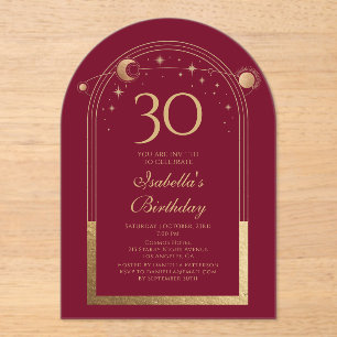 Celestial Red Gold Sun Moon Stars 30th Birthday Acrylic Invitations