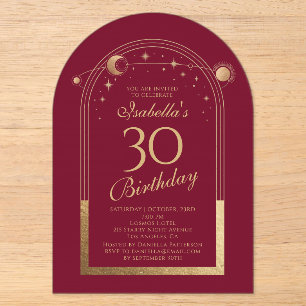Celestial Red Gold Sun Moon Stars 30th Birthday Acrylic Invitations