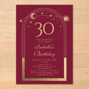 Celestial Red Gold Sun Moon Stars 30th Birthday Acrylic Invitations