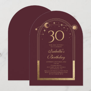Celestial Red Gold Sun Moon Stars 30th Birthday Invitation