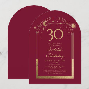 Celestial Red Gold Sun Moon Stars 30th Birthday Invitation