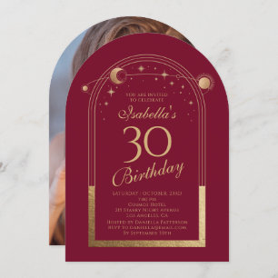 Celestial Red Gold Sun Moon Stars 30th Birthday Invitation