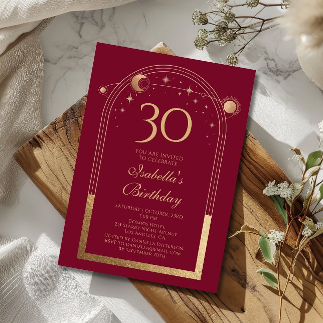 Celestial Red Gold Sun Moon Stars 30th Birthday Invitation (Creator Uploaded)