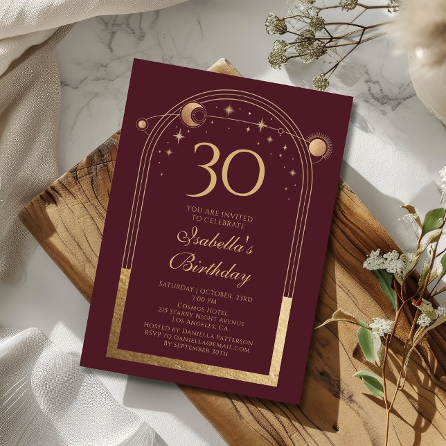 Celestial Red Gold Sun Moon Stars 30th Birthday Invitation (Creator Uploaded)