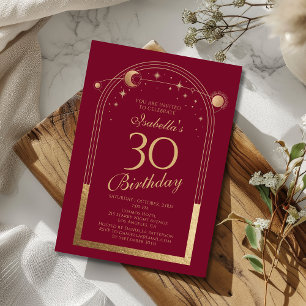 Celestial Red Gold Sun Moon Stars 30th Birthday Invitation