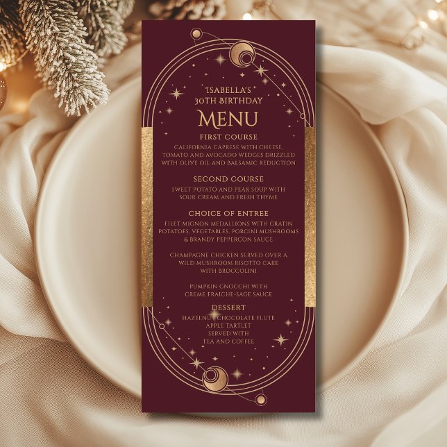 Celestial Red Gold Sun Moon Stars 30th Birthday Menu (Creator Uploaded)
