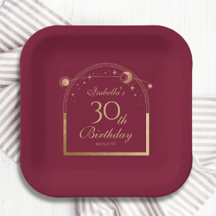 Celestial Red Gold Sun Moon Stars 30th Birthday Paper Plates