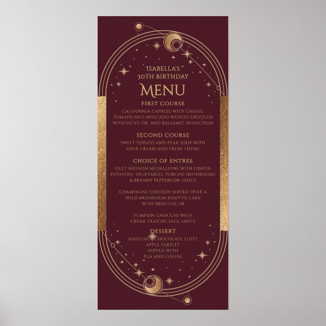 Celestial Red Gold Sun Moon Stars 30th Birthday Poster (Front)