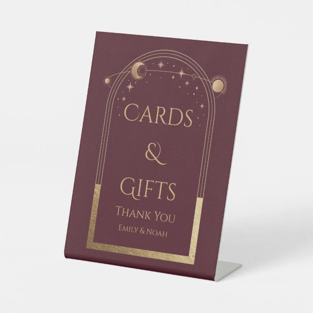 Celestial Red Gold Sun Moon Stars Cards & Gifts Pedestal Sign (Front)