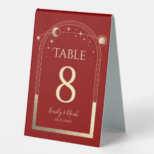 Celestial Red Gold Sun Moon Stars Elegant Wedding Table Tent