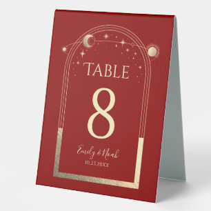 Celestial Red Gold Sun Moon Stars Elegant Wedding Table Tent