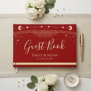 Celestial Red Gold Sun Moon Stars Wedding  Guest Book