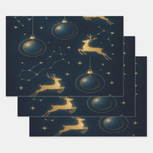 Celestial Reindeer and Golden Star Ornaments Wrapping Paper Sheets