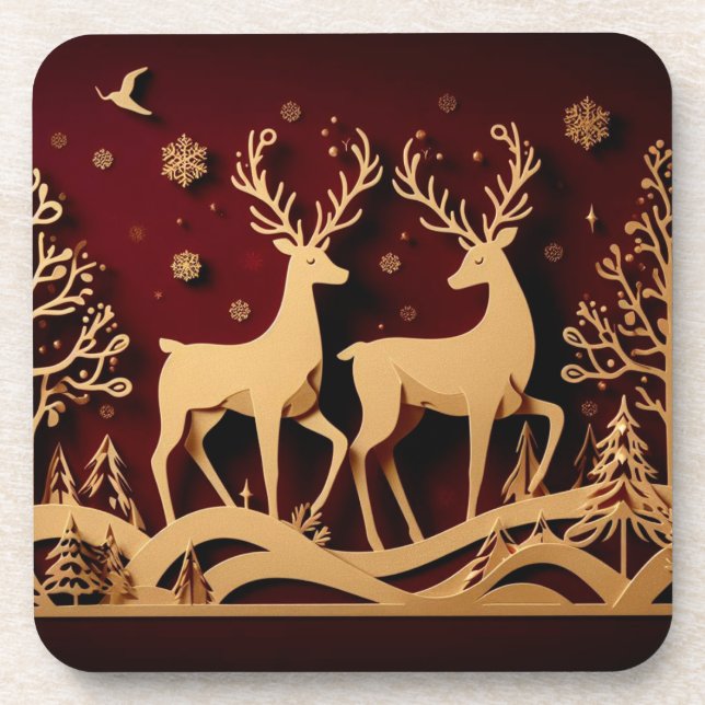 Celestial Reindeer Waltz – Golden Forest Beverage Coaster (Front)
