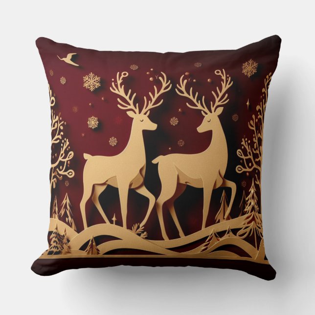 Celestial Reindeer Waltz – Golden Forest Throw Pillow (Front)