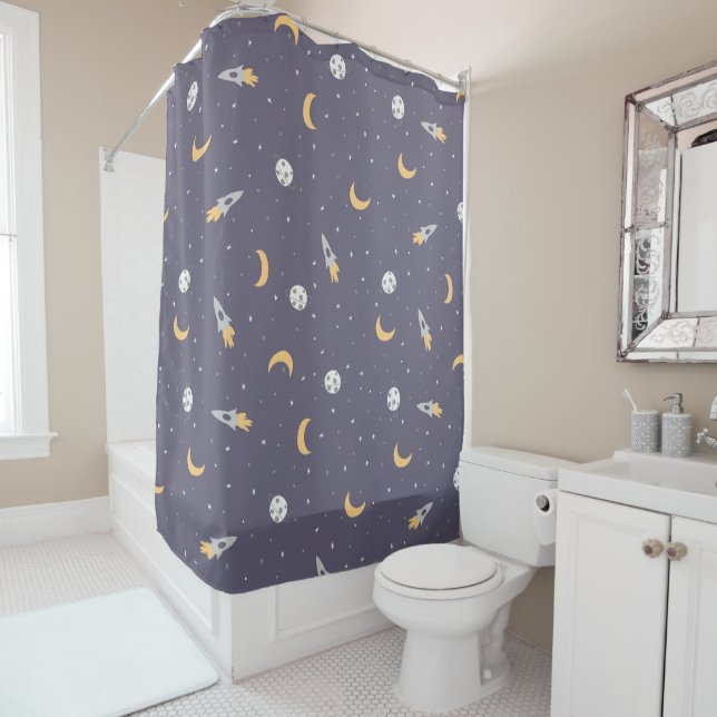 Celestial Rocket Moon Stars Planet Pattern Shower Curtain (In Situ)