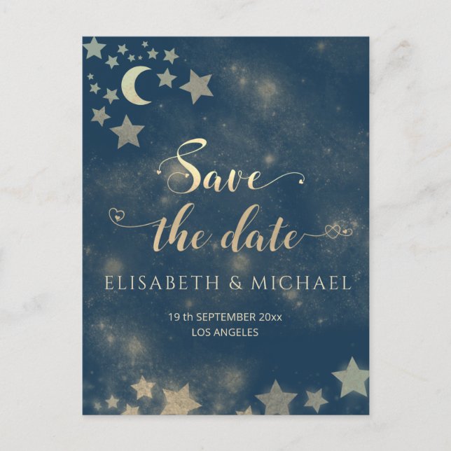 Celestial romantic moon and stars calligraphy anno announcement postcard (Front)