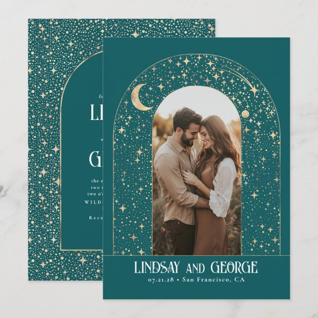 Celestial Romantic Night Stars Wedding Photo Invitation (Front/Back)