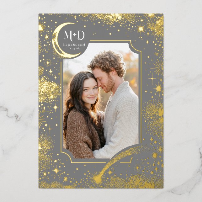 Celestial Romantic Starry Night Wedding Photo Foil Invitation (Front)