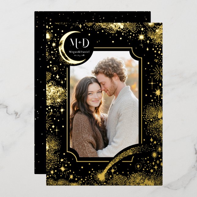 Celestial Romantic Starry Night Wedding Photo Foil Invitation (Front/Back)