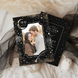 Celestial Romantic Starry Night Wedding Photo Invitation<br><div class="desc">This celestial wedding invitation is incredibly romantic and unique, unveiling your love story from the very first glance. Your photo, perhaps an engagement photo, will be framed by a black midnight scene filled with golden stars, the moon, planets, and a shooting star. It's like reading an enchanted story just by...</div>