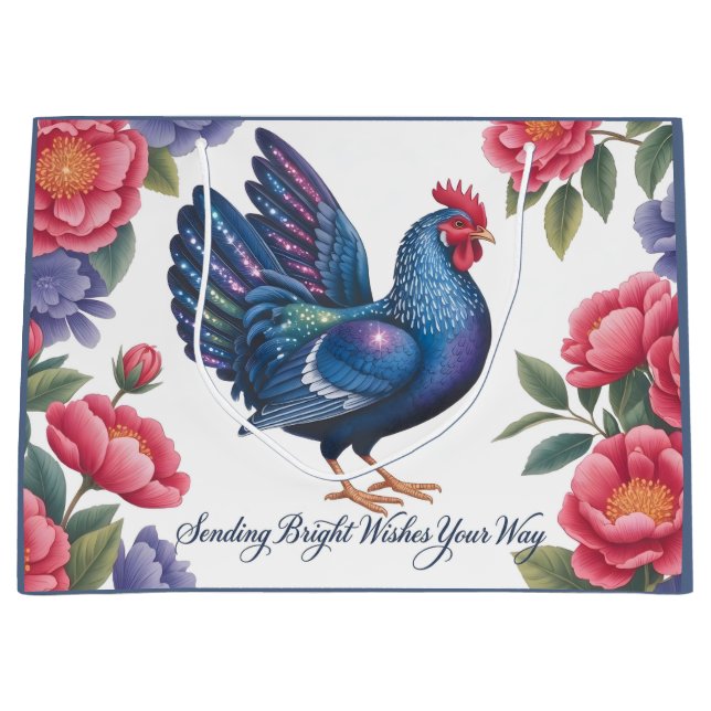 Celestial Rooster Greeting with Floral Border Large Gift Bag (Front)