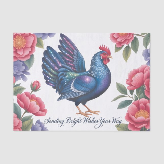 Celestial Rooster Greeting with Floral Border Tissue Paper (Front)