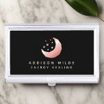 Celestial Rose Gold Crescent Moon Stars Logo Business Card Case<br><div class="desc">Celestial Rose Gold Crescent Moon Stars Logo Business Card Case. This elegant modern trendy business design features a moon and stars on a solid black background. Personalize this custom design with your own details.</div>