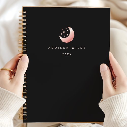 Celestial Rose Gold Crescent Moon Stars Logo Planner