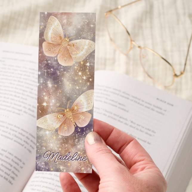 Celestial Rose Gold Moths on Sparkling Sky Bookmarks (Hand)