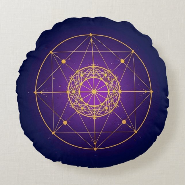 Celestial Sacred Mandala – Mystic Geometry Round Pillow (Front)