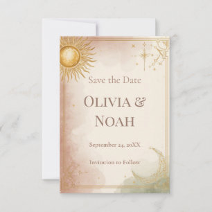 Celestial Save the Date Card Pink Sage Clouds Gold