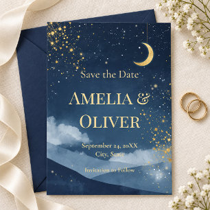 Celestial Save the Date Navy & Gold Starry Night Invitation