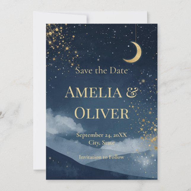 Celestial Save the Date | Navy & Gold Starry Night Invitation (Front)