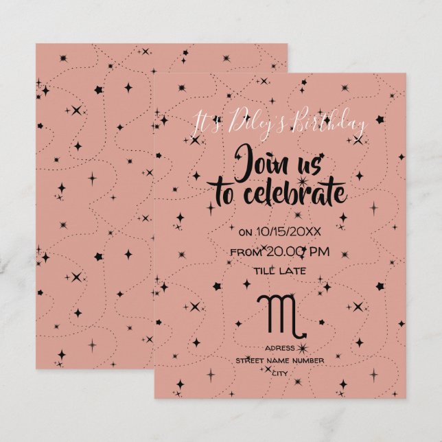 celestial Scorpio old rose stars birthday invite  (Front/Back)