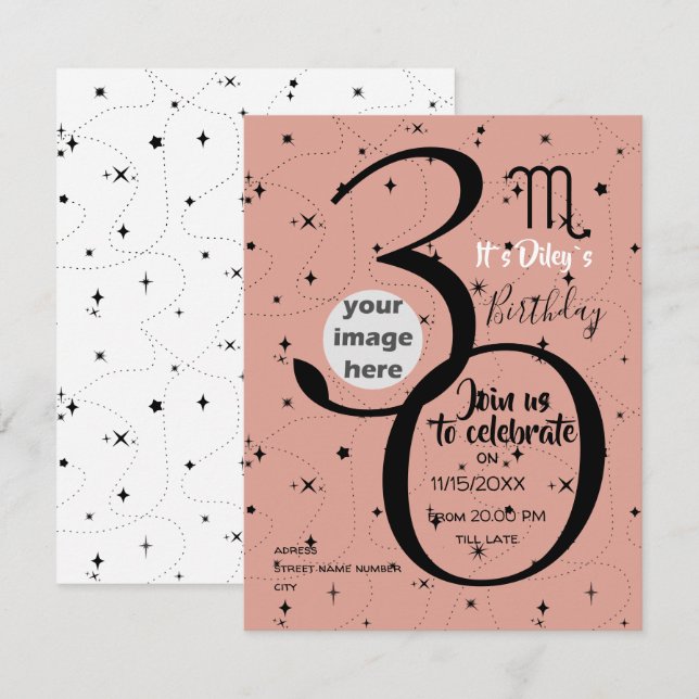 celestial Scorpio sign black stars birthday invite (Front/Back)