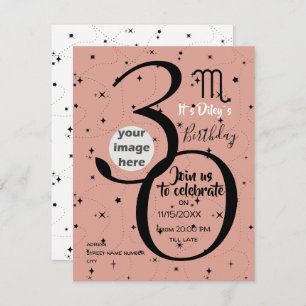 celestial Scorpio sign black stars birthday invite