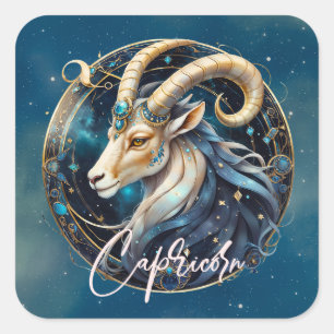 Celestial Sea Goat Star Sign Black Gold Capricorn Square Sticker