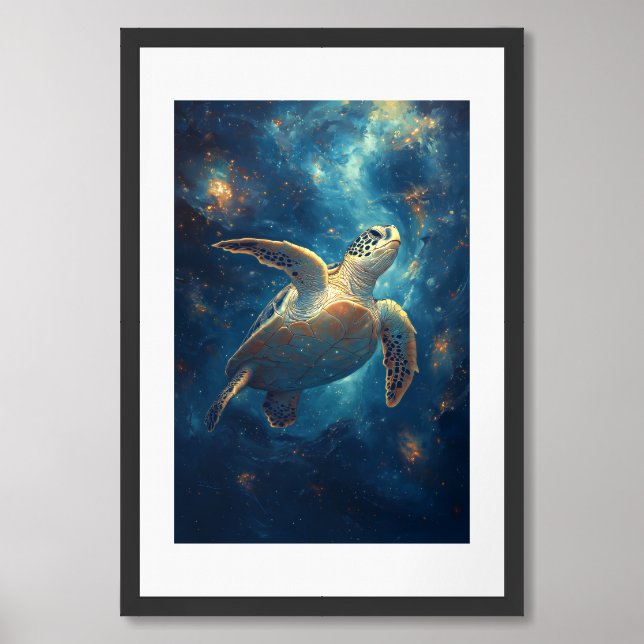 Celestial Sea Turtle in Nebula Ocean Painting Framed Art (Framed Front)