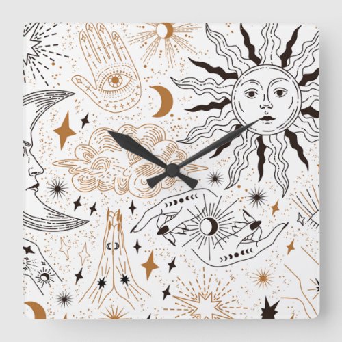 Celestial Seamless Magical Element Symbols Pattern Square Wall Clock
