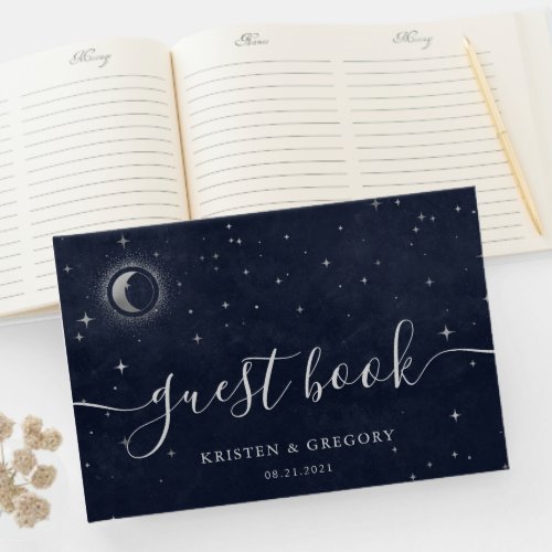 Celestial Silver Crescent Moon Monogram Wedding Guest Book