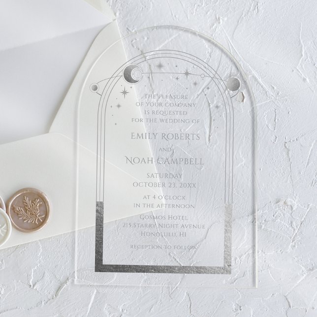 Celestial Silver Sun Moon Astronomy Wedding Acrylic Invitations (Creator Uploaded)