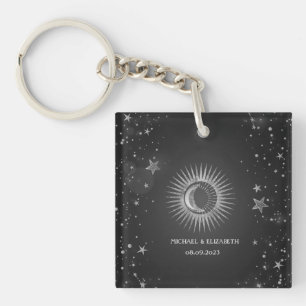 Celestial Silver Sun,Moon,Stars Dark Keychain