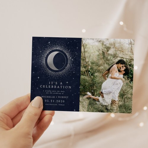 Celestial Silver Two Photo Wedding Celebration Invitation